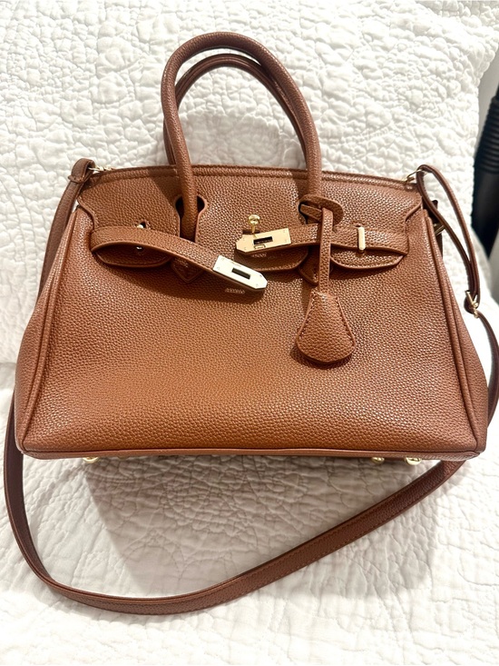 Handbags - Classic Brown Leather Top-Handle Women's Bag with Gold Hardware